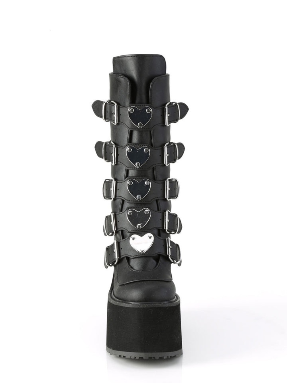 Demonia SWING-230 Platform Mid-Calf Buckle Boots in Black with Heart Accents - Picture 2 of 6